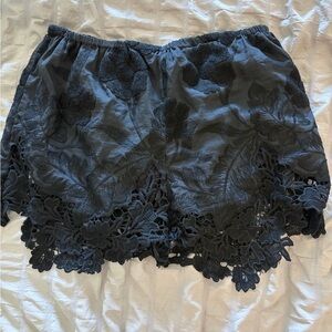 Lace Trim Floral Embroidered Shorts - Black 100% silk